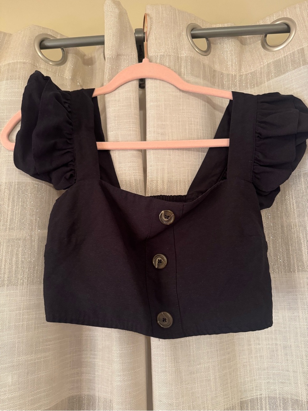 Olivaceous Black Puff Sleeve Button-Front Crop Top
